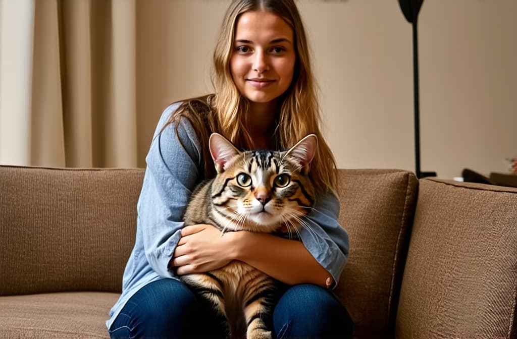  girl sitting on sofa holding cat in modern bright apartment ar 3:2, (natural skin texture), highly detailed face, depth of field, hyperrealism, soft light, muted colors