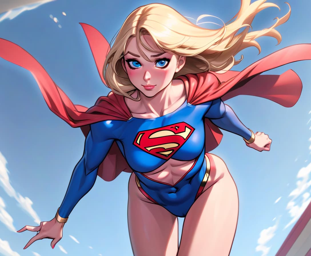  a supergirl in an open swimsuit is flying