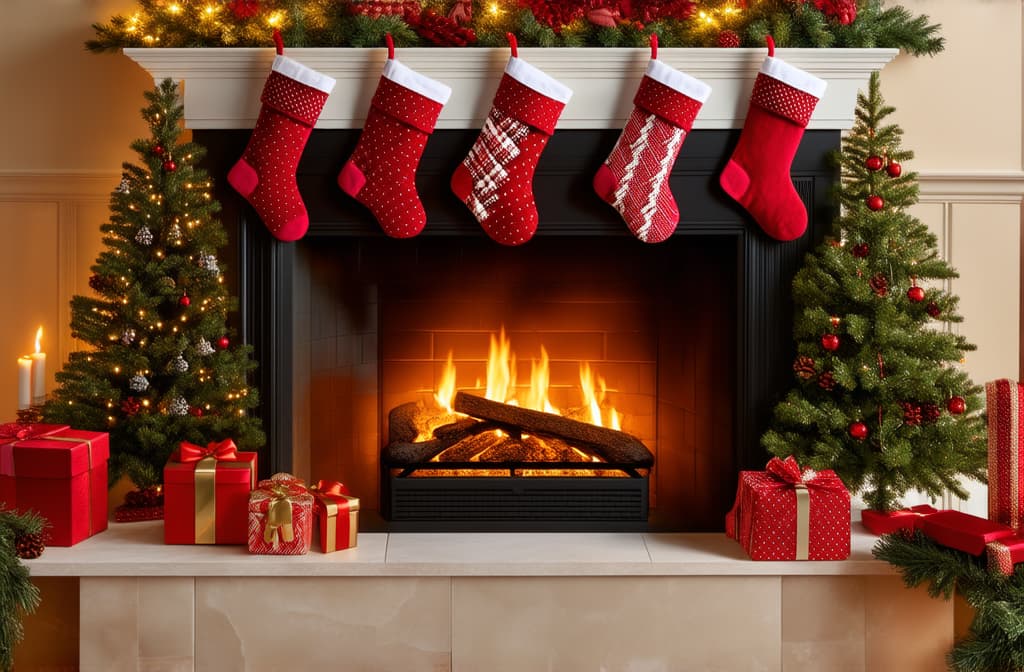  professional detailed photography, cozy christmas scene with stockings on fireplace mantel warm glow festive decorations gifts creating holiday ambiance ar 3:2, (muted colors, dim colors, soothing tones), (vsco:0.3)