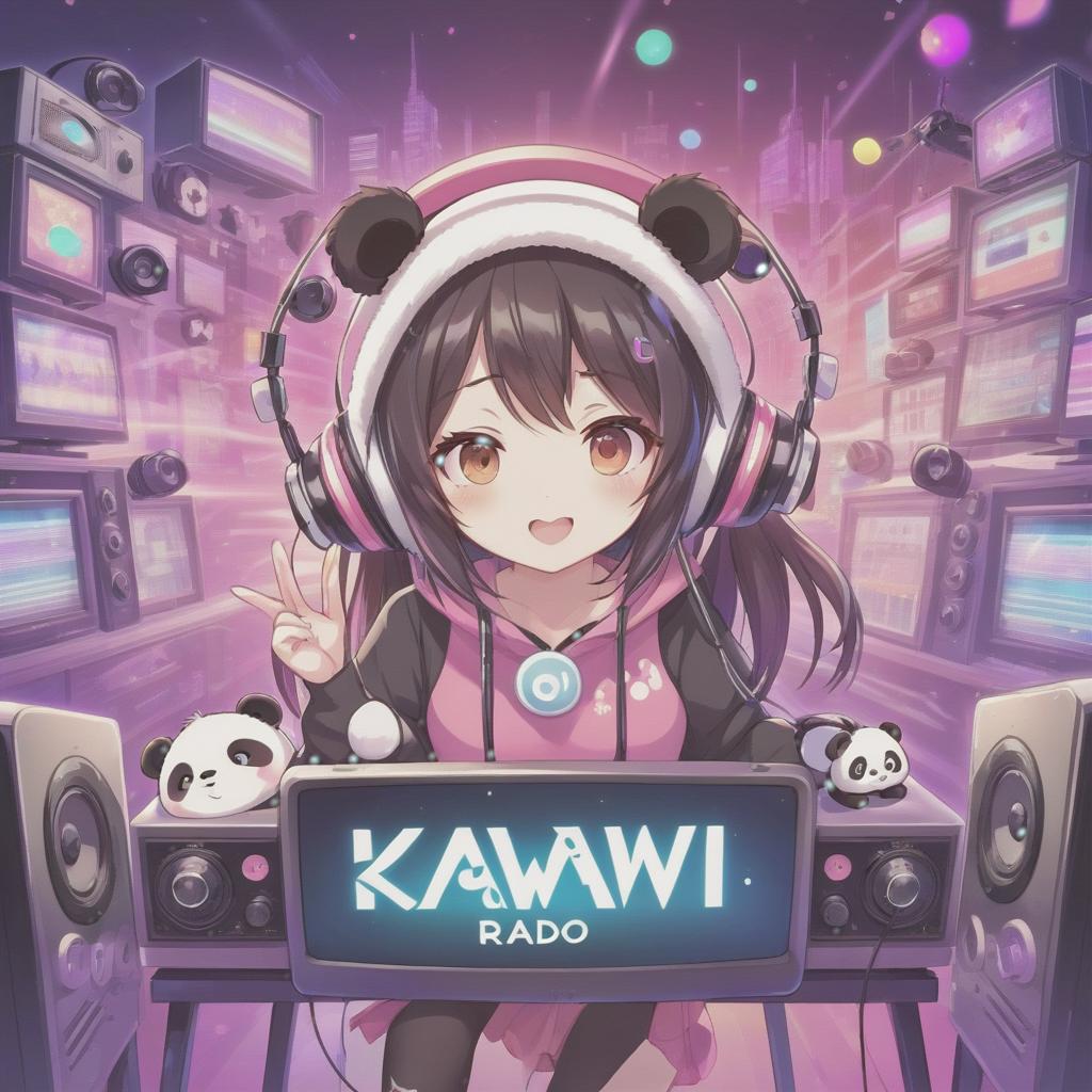  anime artwork logo of internet radio, anime, girl, panda, "kawaii radio" . anime style, key visual, vibrant, studio anime, highly detailed