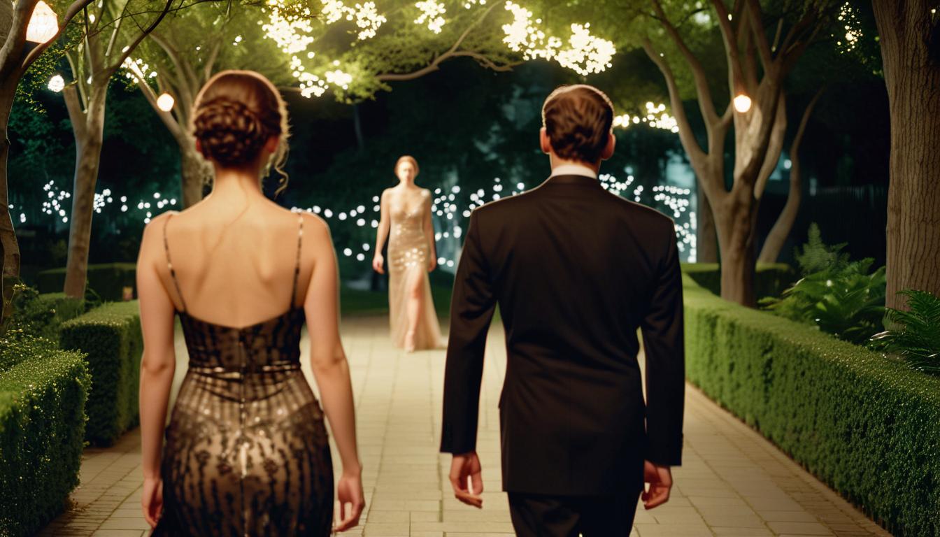  cinematic photo high definition photographic image, detailing, drawing details, night, a man follows a woman in an evening dress, from afar, hiding behind trees. . 35mm photograph, film, bokeh, professional, 4k, highly detailed, film photography style