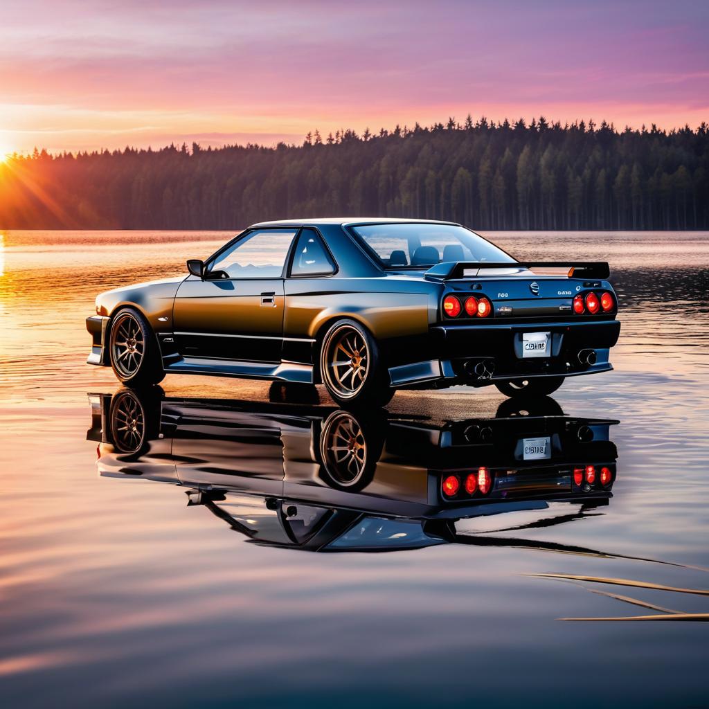  a nissan skyline driving into the sunset on a lake