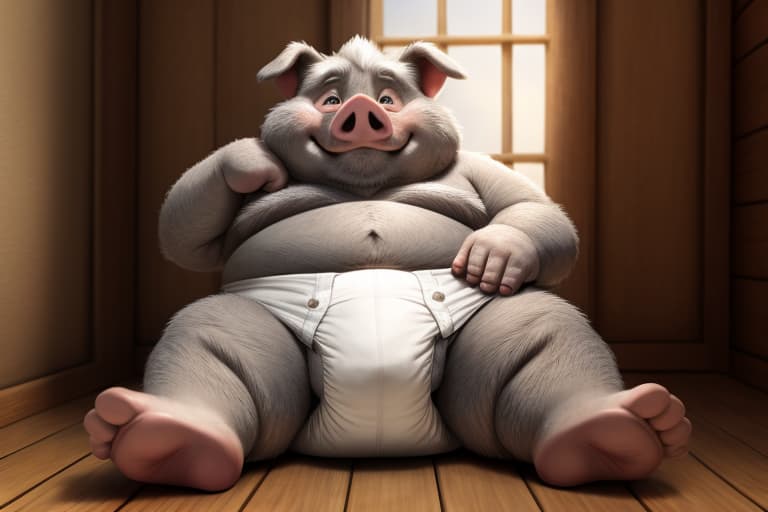  elderly male pig, gray fur, overweight, wearing a thick white diaper, open eyes, masterpiece, 4k, fine details,