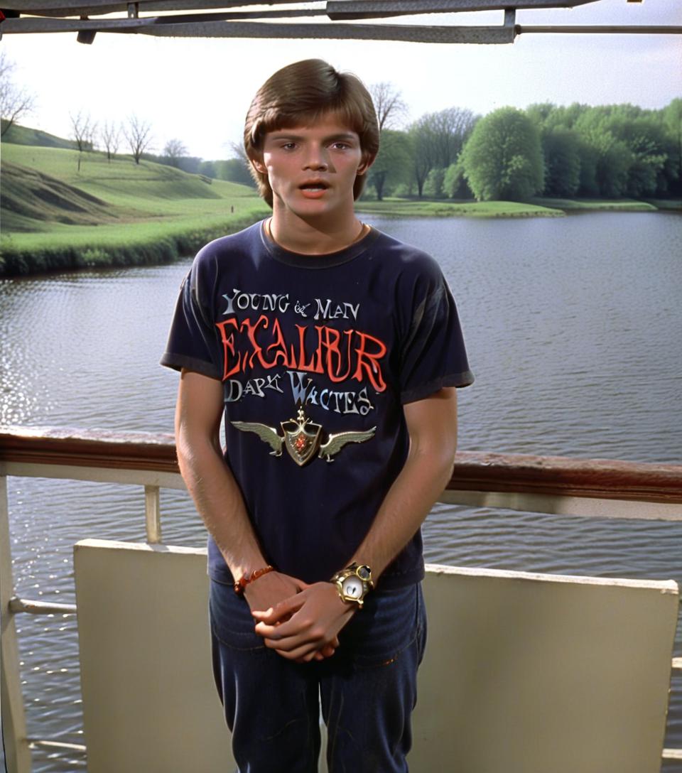  dvd screengrab, young man with watches on hand from 1982 dark fantasy film, "excalibur"