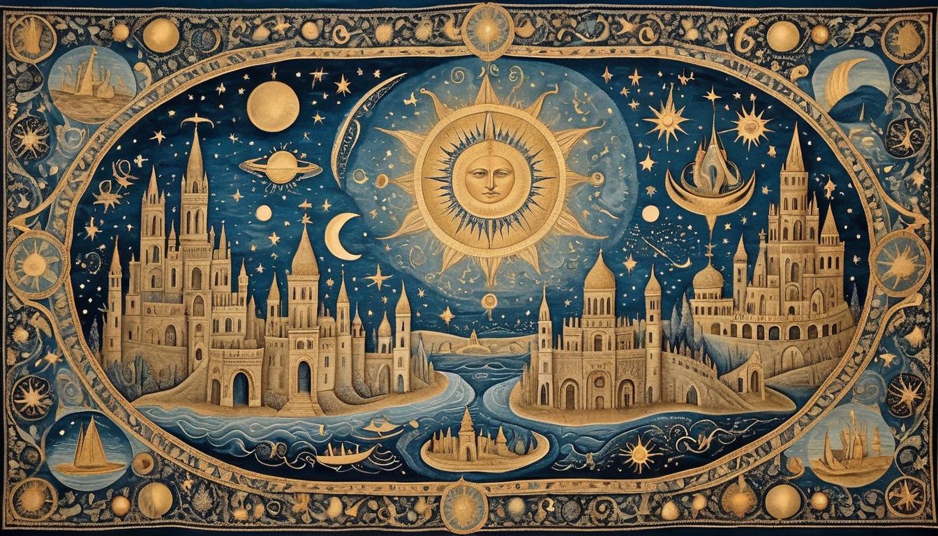  on parchment, surrealism+++, elaborate tapestry woven with golden threads, celestial patterns, intricate designs telling a divine story, timeless elegance(mysterious, provocative, symbolic,muted color)+++