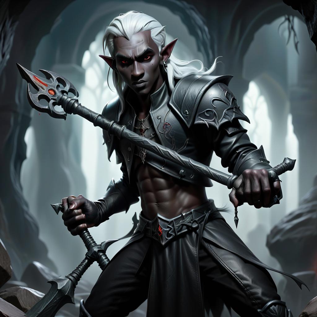  macabre style drow male elf cleric, simble plain black leather jacket, simple iron battle mace, dark cave temple . dark, gothic, grim, haunting, highly detailed, civitai, hkmagic