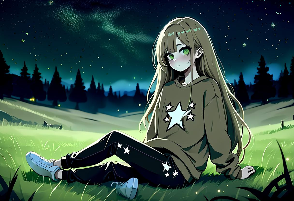  macabre style a girl in anime style with long hair sits on the grass in a field at night wearing a khaki colored sweatshirt and pants. the girl looks at the starry sky at night with black lower eyelids under the eyes of a specific color full of curiosity. there are stars in the night sky. . dark, gothic, grim, haunting, highly detailed