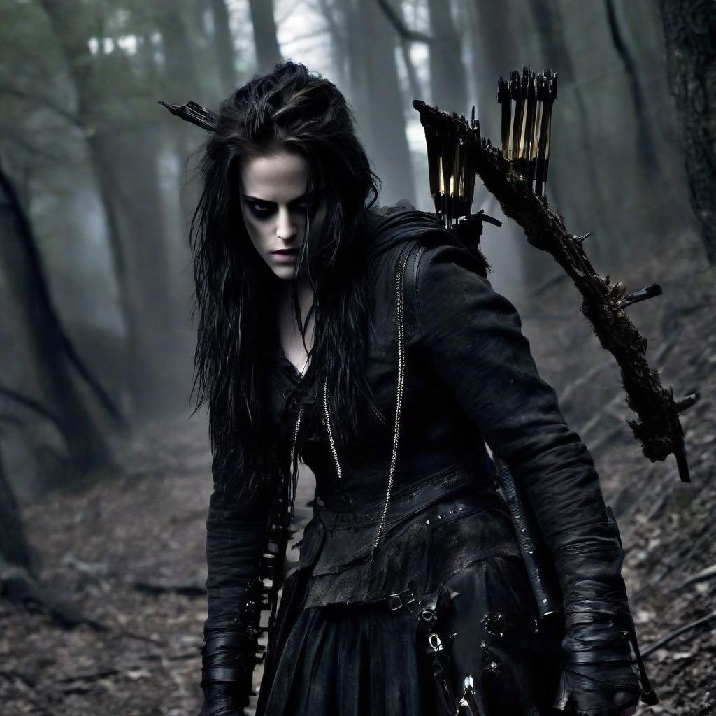  macabre style kristen stewart as a full length crossbow thief. . dark, gothic, grim, haunting, highly detailed, perfecteyes, perfect hands