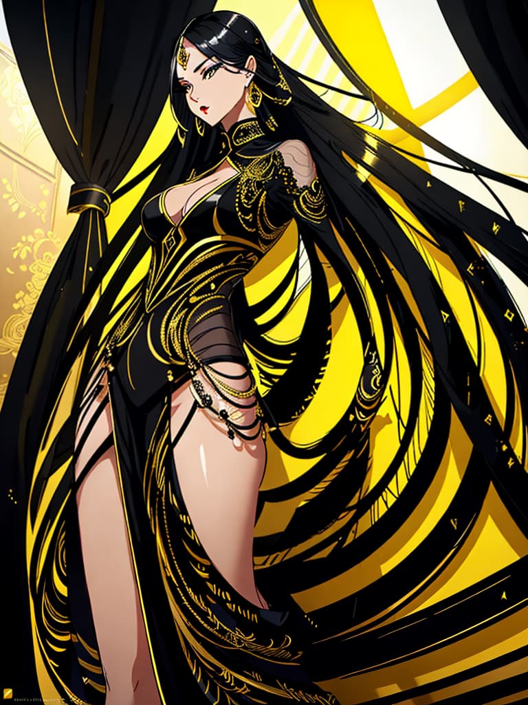  Golden yellow and sleek black color palette, captivating and inviting expression, exuding elegance and charm, magnetic beauty, intricate details, high contrast, luxurious feel, digital art, female, glossy finish, striking composition, dynamic lighting to enhance features.