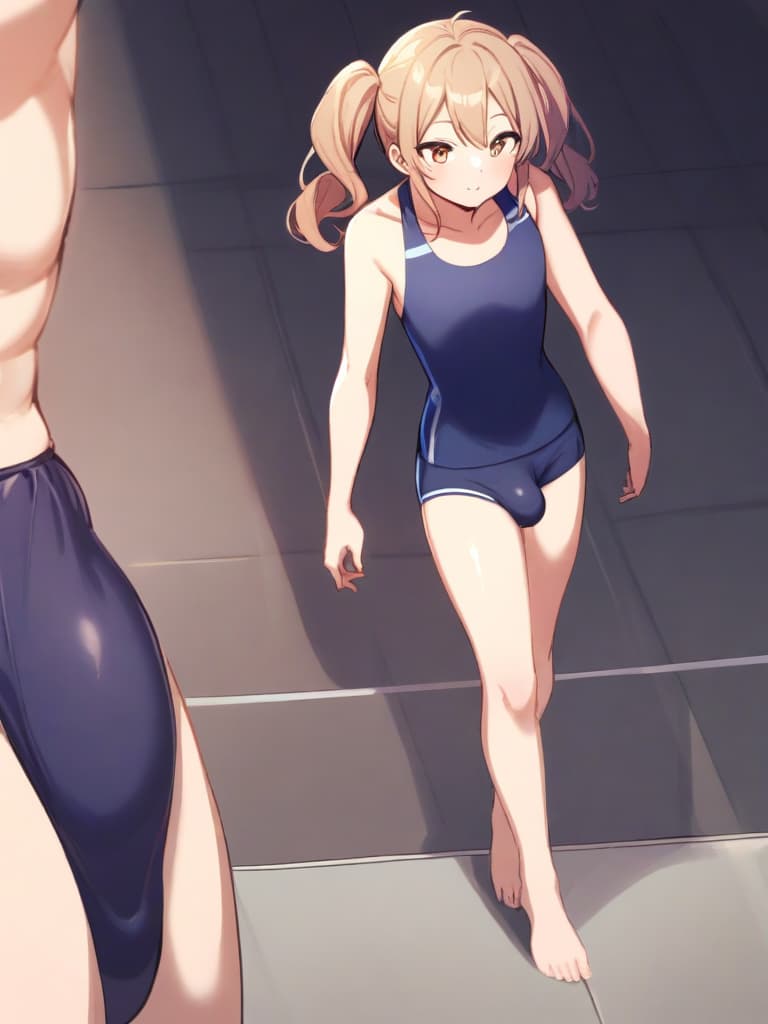  women's elementary students (male), twin tails, cute smiles, (rich s), low stature, dark blue swimwear, old swimwear, , simple (upward), male , (bulge), shaped clear , front , whole body, pool side,