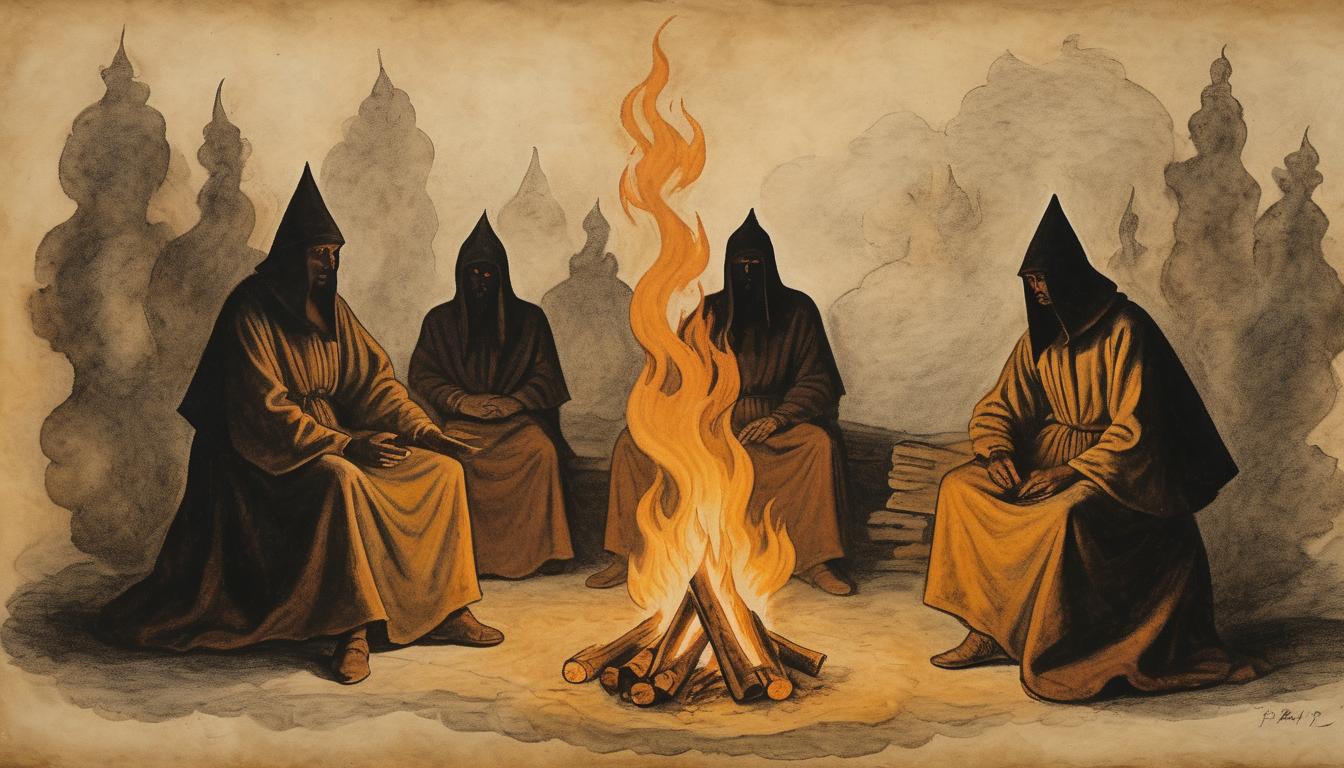  on parchment, surrealism++, shadowy figures seated around a bonfire, faces illuminated by the flames, speaking in hushed tones, ancient, secretive(mysterious, provocative, symbolic)++