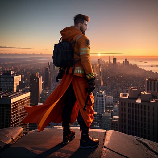  the man is standing on the slope and the city is rising around him; sunset; fire and orange tone hyperrealistic, full body, detailed clothing, highly detailed, cinematic lighting, stunningly beautiful, intricate, sharp focus, f/1. 8, 85mm, (centered image composition), (professionally color graded), ((bright soft diffused light)), volumetric fog, trending on instagram, trending on tumblr, HDR 4K, 8K