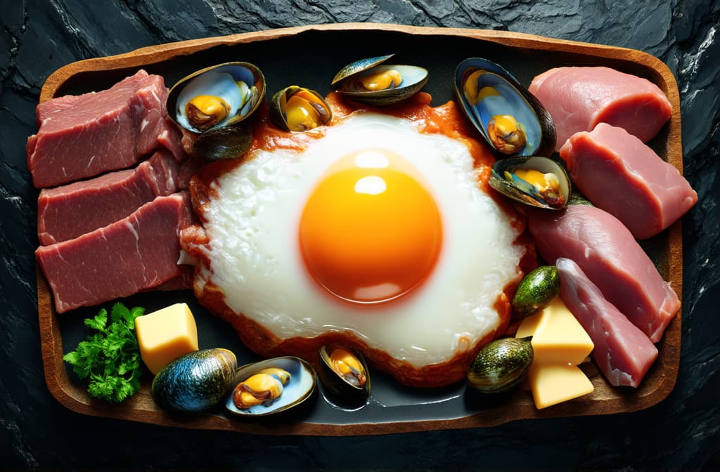  epic realistic, hyperdetailed, (cycles render:1.3), caustics, (glossy:0.58), (artstation:0.82),inscription b 12 made of beef liver, mussels, herring, meat, eggs, cheese, milk on a black stone background ar 3:2