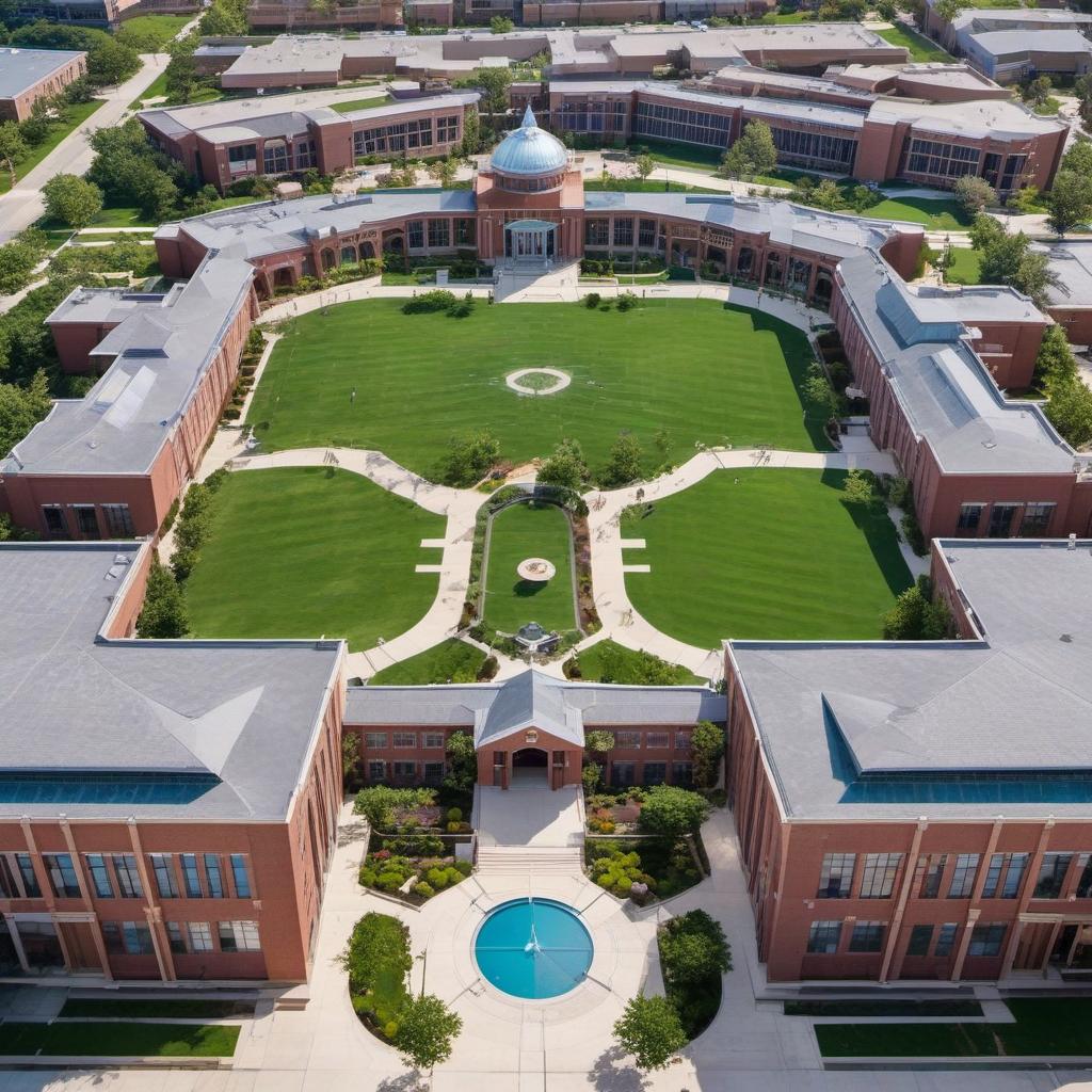  aerial view of a wealthy high school with outdoor courtyard and multi level arches with a grand entrance curb appeal , mystical style