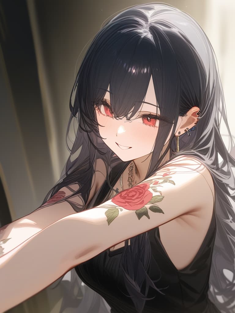  long hair, black hair, hair tips are pink, red eyes, hanging eyes, bangs lengths, smiles, adults, adult faces, piercings, necklaces, hair are light pink, black, thin makeup, arms. contains a red rose tattoo, a rose tattoo on the arm, a hidden eye, masterpiece, best quality,8k,ultra detailed,high resolution,an extremely delicate and beautiful,hyper detail