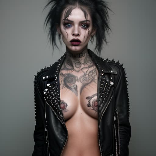  a hyper realistic photo of an extremely beautiful punk rocker girl bold lines, hyper detailed, leather jacket with studs and ripped jeans, her face is pale with pronounced cheekbones . her eyes are outlined with rich black eyeliner, and her lips are covered in dark lipstick with a slightly smudged contour. her disheveled hair is dyed in bright colors, creating a chaotic yet intentional mess. smoke swirls around her, and the lighting casts dramatic shadows, emphasizing her bold and energetic image. the grunge girl demonstrates authenticity, honesty, and independence through her style and self expression, photorealistic, hyperrealistic, hyperdetailed, analog style, hip cocked, demure, low cut, black lace, detailed skin, matte skin, soft light