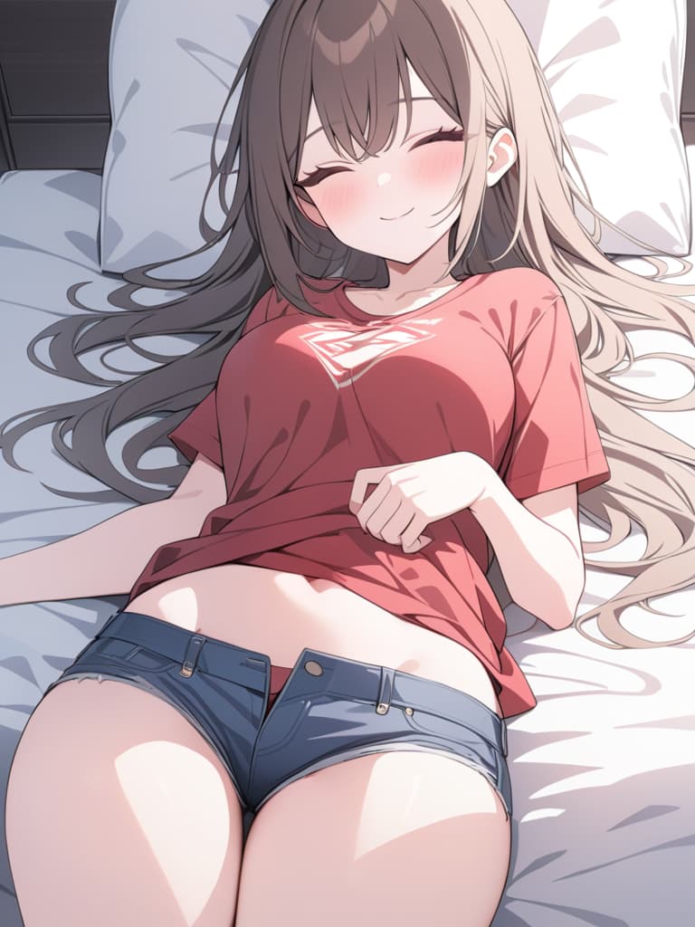  brown haired girl, smile, red t shirt, denim shorts, bed, sleep, masterpiece, best quality,8k,ultra detailed,high resolution,an extremely delicate and beautiful,hyper detail