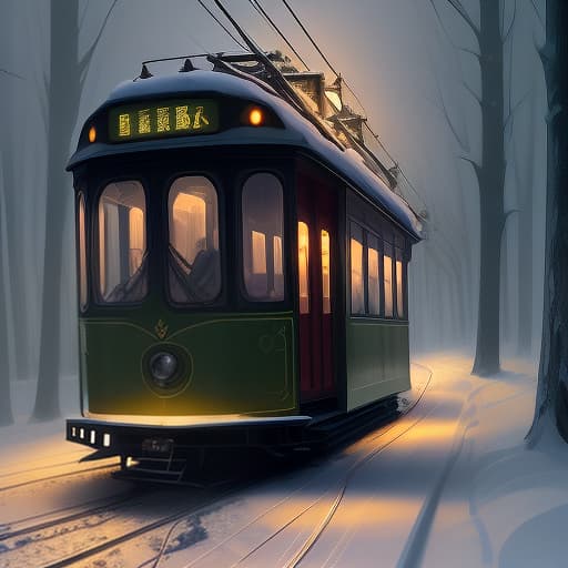  winter, night, forest, very dark, bright angels with wings in the tram take the soul of a passer by