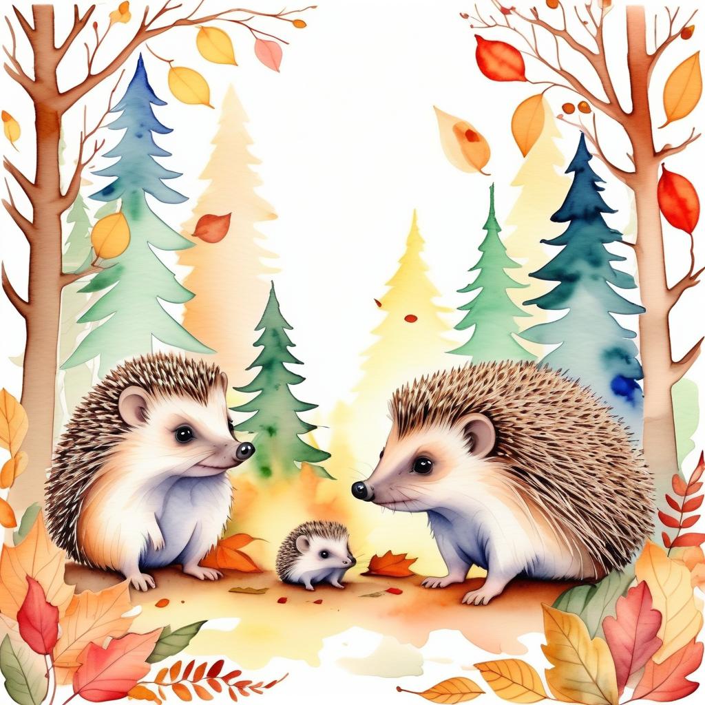  (painted) (watercolor) cute autumn forest background, autumn forest, soft shades, thin (ink outlines), objects on the edges of the sheet, in middle hedgehog family, many details, masterpiece, harmonious composition,