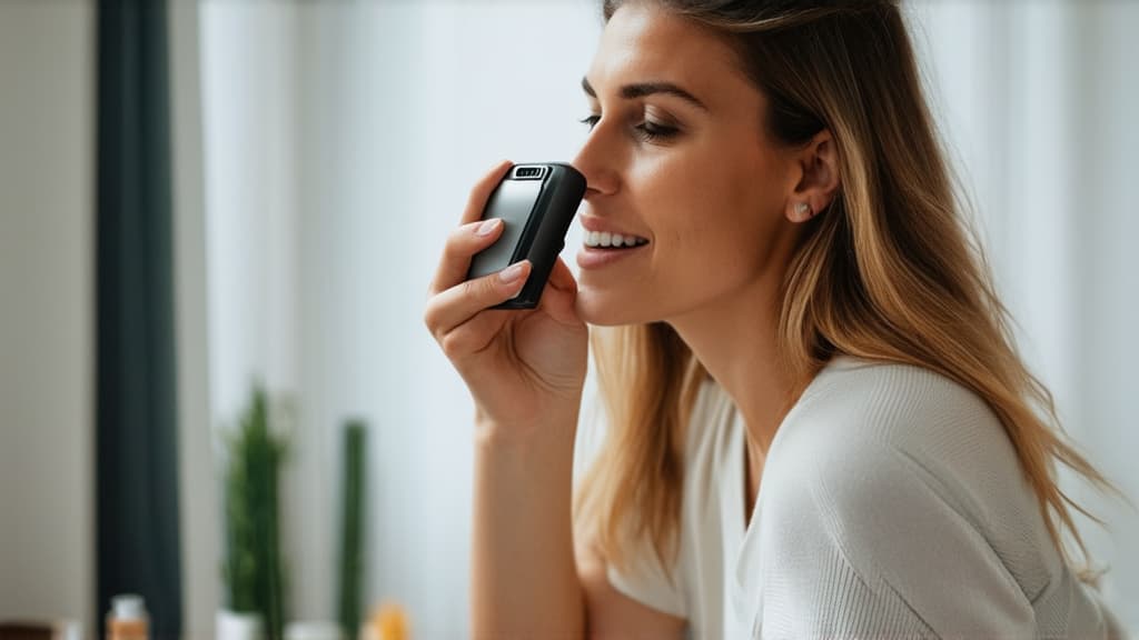  professional detailed photography, close up of a young woman using an inhaler ar 16:9, (muted colors, dim colors, soothing tones), (vsco:0.3)