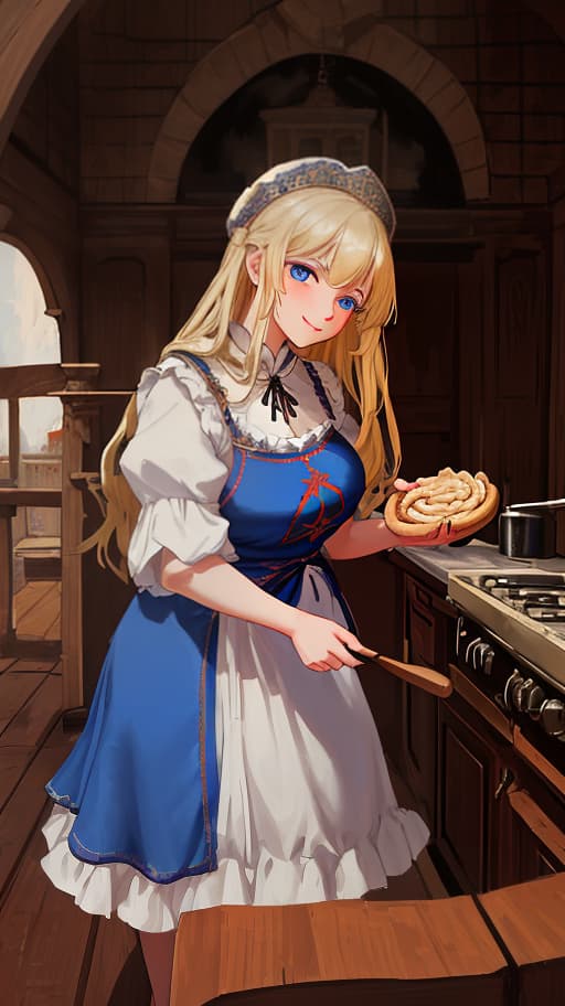  masterpiece, the best quality, a russian plump woman in traditional clothes takes pies from a stone stove.very light smile, tense, piercing eyes, blue eyes, flowing blond hair, dressed in a traditional russian outfit, cooks in the open air, inside a wooden castle, against the background of an ancient russian throne room in a wooden castle, cartoonish style, sweet,