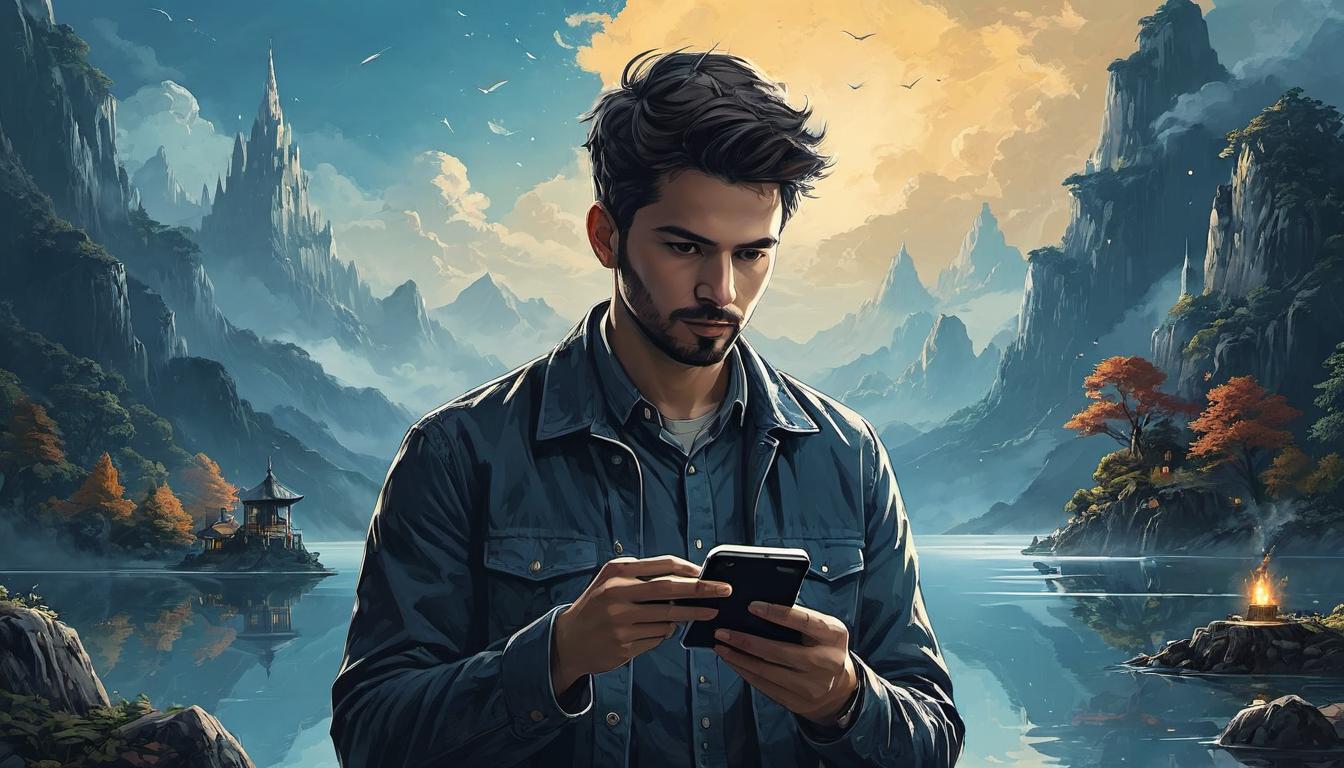  （surrealism)an acquaintance holding a smartphone, likes visible on the screen, casual setting, relaxed posture, social media interface, subtle curiosity mystic, intricate details, best quality)