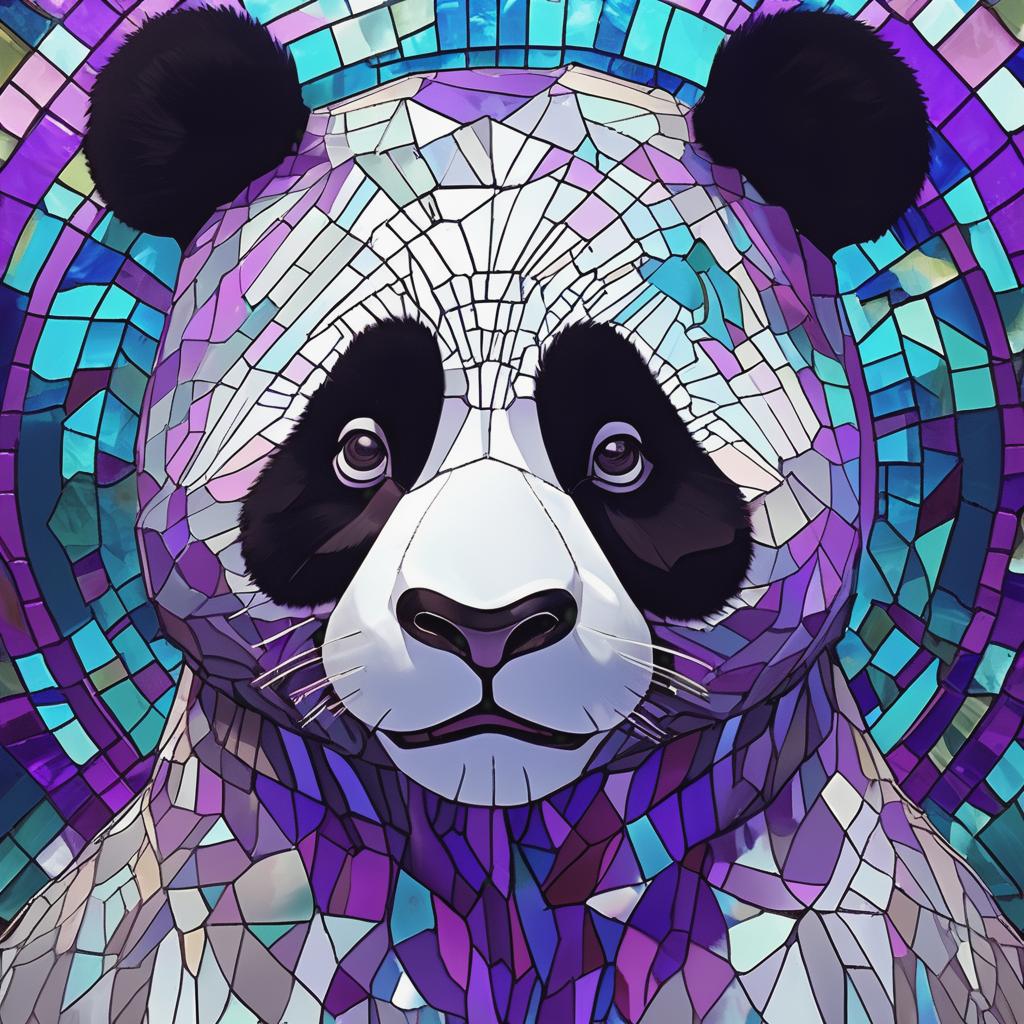  "a portrait of a big full body smiling panda head, viewed from the front, with the panda looking directly into the camera. the pandas head is artistically crafted from stained glass in shades of purple and cyan. the glass is meticulously designed to give the illusion of being shattered, creating an intricate mosaic effect that captures the light and gives the panda body a dynamic, fragmented appearance."