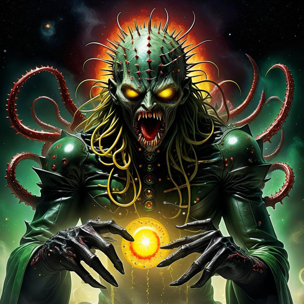  space themed the demon ghoul (hellraiser) entangled with tentacles and protruding pins bared the mouths and pours red mucus on the clawed paws. yellow smoke green rings spikes white fire stars and sparks anime horror black drops thorns . cosmic, celestial, stars, galaxies, nebulas, planets, science fiction, highly detailed