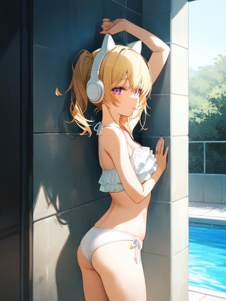  back, blond twin tail, white headphones, whole body, legs, hugging on the wall, pose that protrudes the ocks, tile walls, small , s, hungry, pool s, pool showing back , white swimwear, swimwear, blonde twin tail, masterpiece, best quality,8k,ultra detailed,high resolution,an extremely delicate and beautiful,hyper detail