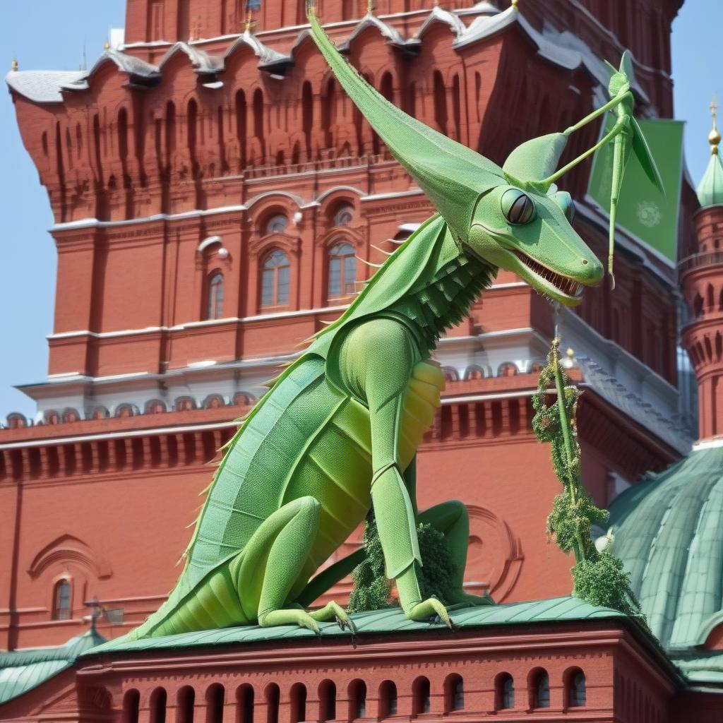  The green mantis climbs the Spasskaya Tower of the Kremlin