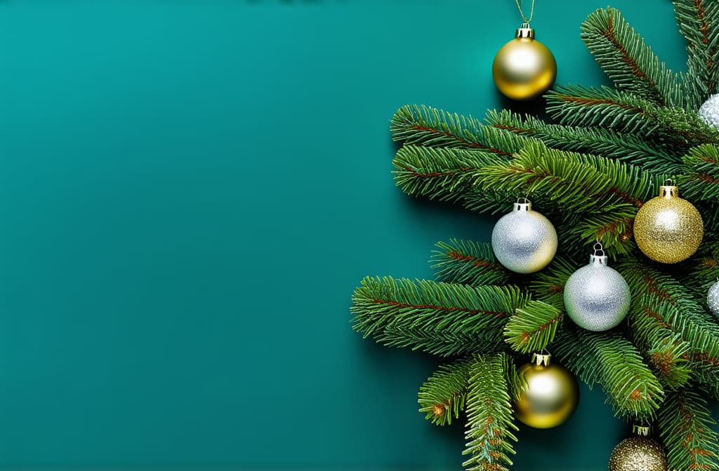  professional detailed photography, new year vertical dark turquoise background with gold and silver balls on fir branches with space for text ar 3:2, (muted colors, dim colors, soothing tones), (vsco:0.3)