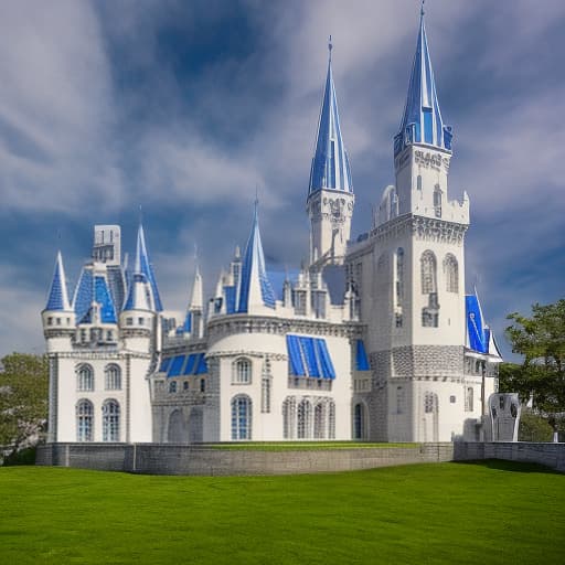 dvarchmodern white castle, blue roofs, many towers, fantasy, middle ages