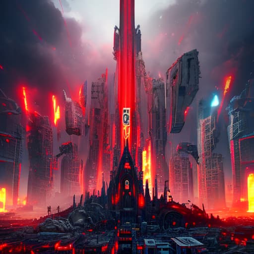  A destroyed city in the color red., (logo:1.3), vector graphics, brand, design, inspired, (straight:1.3), (symmetrical:0.4) hyperrealistic, full body, detailed clothing, highly detailed, cinematic lighting, stunningly beautiful, intricate, sharp focus, f/1. 8, 85mm, (centered image composition), (professionally color graded), ((bright soft diffused light)), volumetric fog, trending on instagram, trending on tumblr, HDR 4K, 8K