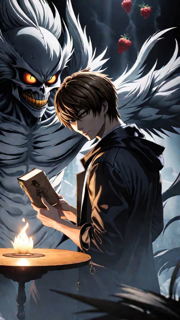  light yagami from death note with shinigami ryuk surrounded by ghostly human memories, anime art hyperrealistic, full body, detailed clothing, highly detailed, cinematic lighting, stunningly beautiful, intricate, sharp focus, f/1. 8, 85mm, (centered image composition), (professionally color graded), ((bright soft diffused light)), volumetric fog, trending on instagram, trending on tumblr, HDR 4K, 8K