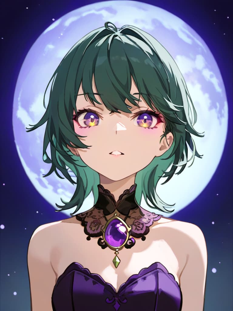  green hair,(((asymmetry hair:1.3))),(((mercury pupil:1.8))),(((amethyst moon:1.8)))