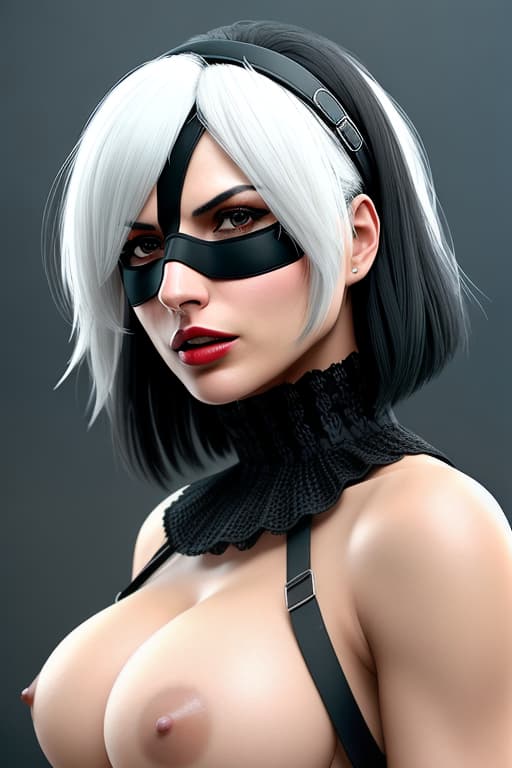  score 9, score 8 up, score 7 up, best quality, masterpiece,realistic, morena baccarin, solo, blindfold, yorha no. 2 type b, black blindfold, puffy sleeves, dress, short hair, white hair, black dress, juliet sleeves, hairband, dark make up, breasts, deep cleavage, long sleeves, parted lips, clothing cutout, black hairband, huge breasts, braless, covered eyes, mole under mouth, mole, lips, carmin red lips, belly buttton, nipples, nose, facing viewer, hair over eyes, teeth hyperrealistic, full body, detailed clothing, highly detailed, cinematic lighting, stunningly beautiful, intricate, sharp focus, f/1. 8, 85mm, (centered image composition), (professionally color graded), ((bright soft diffused light)), volumetric fog, trending on instagram, trending on tumblr, HDR 4K, 8K