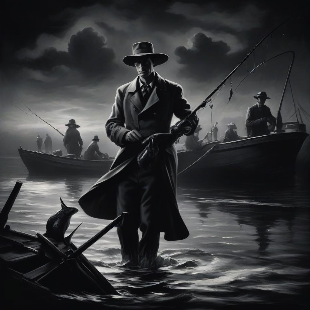  film noir style rococo, oil, canvas, high quality image, fisherman catching fish . monochrome, high contrast, dramatic shadows, 1940s style, mysterious, cinematic