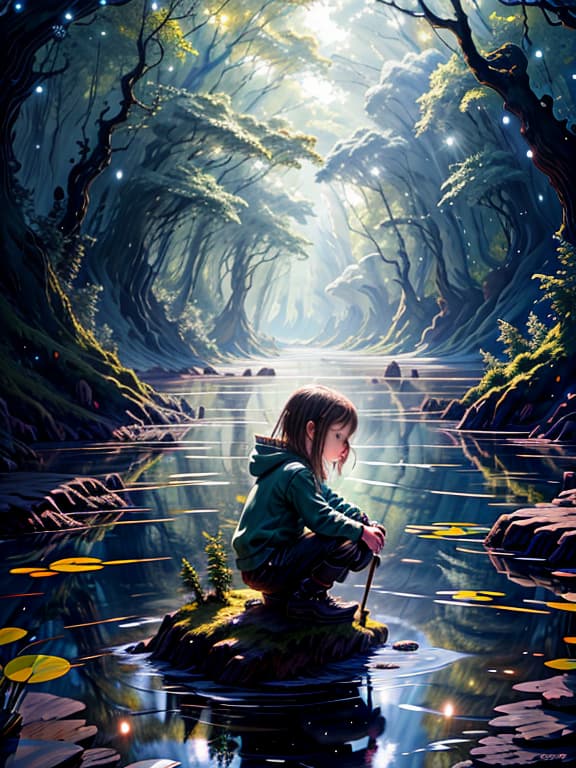  master piece, best quality, ultra detailed, highres, 4k.8k, A young , Squatting down to play in the water, Innocent and joyful, BREAK ren's Playtime in the Forest, A serene forest clearing, Rocks, trees, and a small pond, BREAK Peaceful and natural, Glistening water and lush greenery, night sky