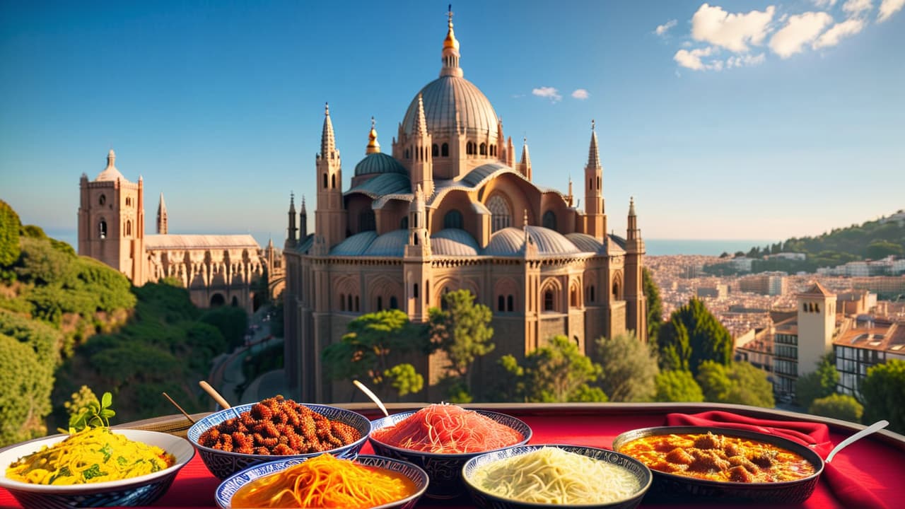  @ image prompt: "a picturesque scene capturing the essence of spain, featuring iconic architecture like the alhambra and sagrada familia, vibrant cultural elements such as flamenco dancers and traditional festivals, delicious spanish dishes like paella and tapas, and warm interactions among diverse groups of people, all set against a backdrop of spain's stunning landscapes." hyperrealistic, full body, detailed clothing, highly detailed, cinematic lighting, stunningly beautiful, intricate, sharp focus, f/1. 8, 85mm, (centered image composition), (professionally color graded), ((bright soft diffused light)), volumetric fog, trending on instagram, trending on tumblr, HDR 4K, 8K