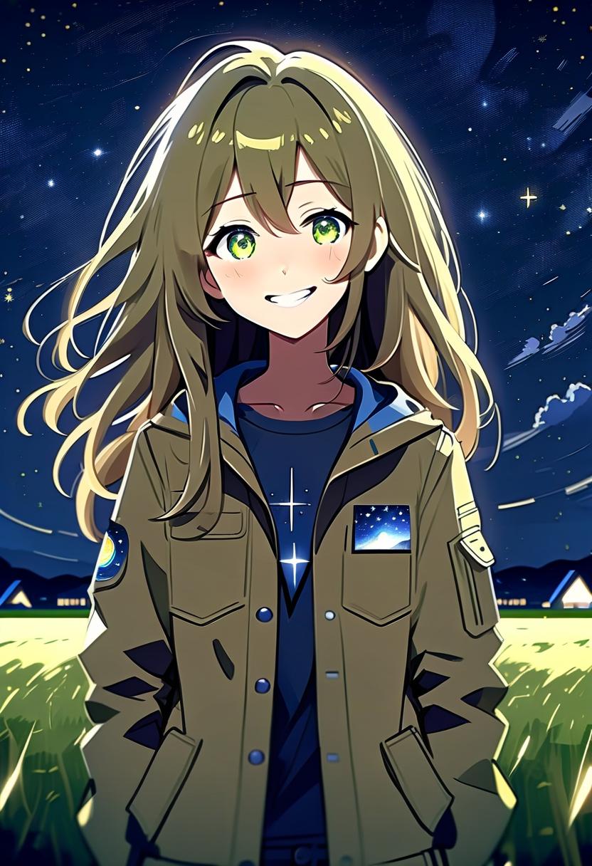  architectural style a in anime style with long hair stands in the middle of the field at night dressed in a khaki jacket and . the looks at the starry sky at night, her eyes are full of joy. her face is a joyful closed smile. not full height . clean lines, geometric shapes, minimalist, modern, architectural drawing, highly detailed