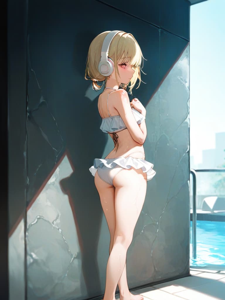  white swimwear, white headphones, blonde twin tails, pools, poses on the wall, poses to show your back, , foot, whole body, frill pareo, snake tattoo on , tattoos on , tattoos on the ., masterpiece, best quality,8k,ultra detailed,high resolution,an extremely delicate and beautiful,hyper detail