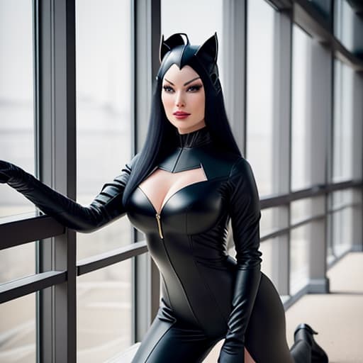  daring beautiful cosplay woman with long black hair dressed as catwoman with ripped costume kneeling in long high heeled boots, soft focus, depth of field, 8k photo, hdr, professional lighting, taken with canon eos r5, 75mm lens hyperrealistic, full body, detailed clothing, highly detailed, cinematic lighting, stunningly beautiful, intricate, sharp focus, f/1. 8, 85mm, (centered image composition), (professionally color graded), ((bright soft diffused light)), volumetric fog, trending on instagram, trending on tumblr, HDR 4K, 8K