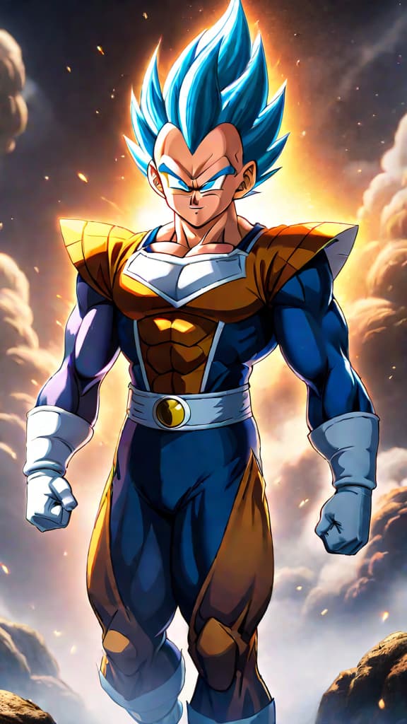  create an anime art of vegeta from dragon ball as a divine being with the power to shape the multiverse. hyperrealistic, full body, detailed clothing, highly detailed, cinematic lighting, stunningly beautiful, intricate, sharp focus, f/1. 8, 85mm, (centered image composition), (professionally color graded), ((bright soft diffused light)), volumetric fog, trending on instagram, trending on tumblr, HDR 4K, 8K