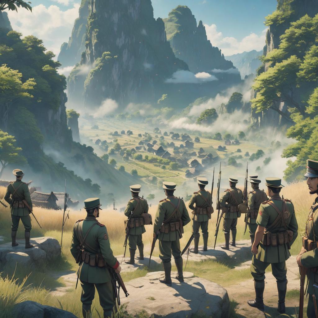  a map with a line drawn and soldiers standing near it. villagers look confused. , ((anime)) hyperrealistic, full body, detailed clothing, highly detailed, cinematic lighting, stunningly beautiful, intricate, sharp focus, f/1. 8, 85mm, (centered image composition), (professionally color graded), ((bright soft diffused light)), volumetric fog, trending on instagram, trending on tumblr, HDR 4K, 8K