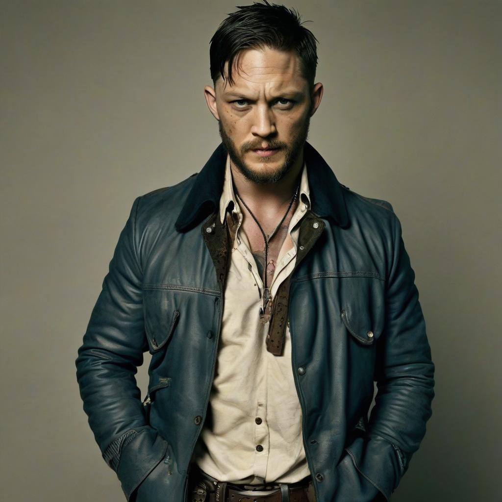  cowboy, tom hardy, full height, in a jacket, with a gun