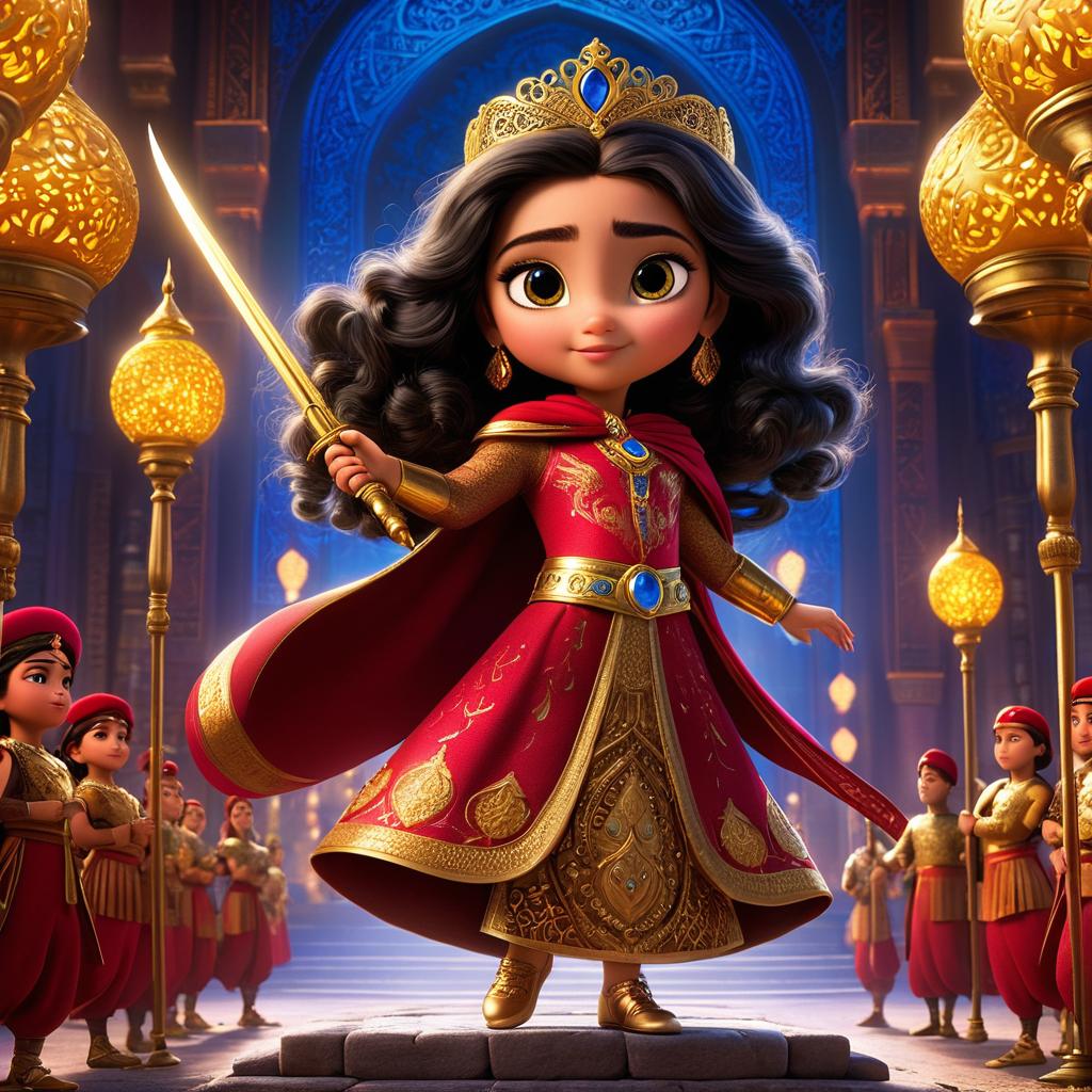  in 3d animated movie style. disney pixar style. laila, 10, regal persian attire with intricate golden patterns, stands resolute in kingdom. imminent threat, enemy army with ominous fluttering banners. high resolution pixar 3d animation. rich golds, deep blues, vibrant reds, warm lighting. dynamic bird's eye view emphasizes laila's determination and enemy approach.