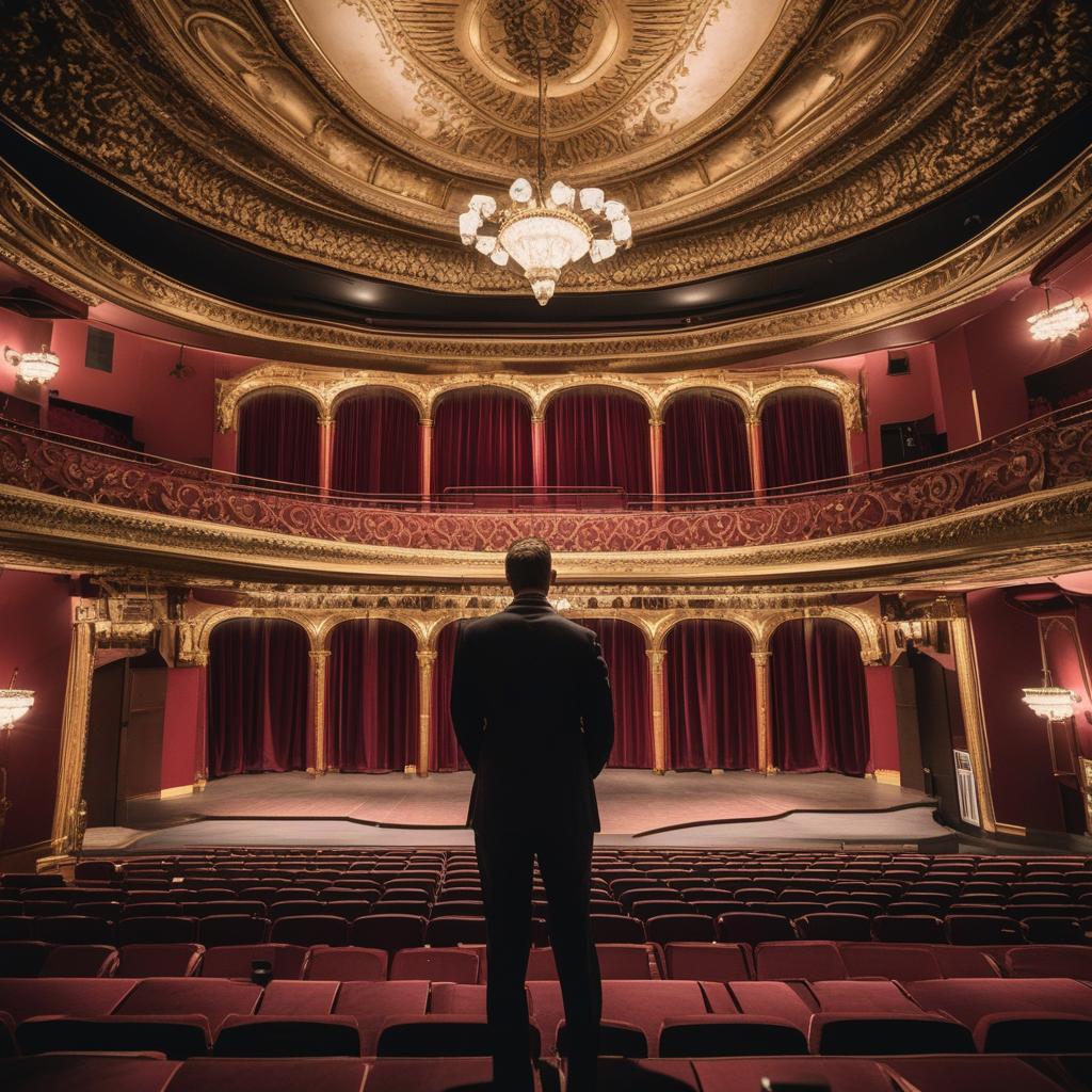  A man in an elaborate suit exudes confidence and elegance as he stands on the grand stage of a magnificent theater. The ornate details of the theater architecture add a sense of grandeur to the scene. The atmosphere is full of anticipation and drama, as if the man is about to deliver a powerful monologue or performance.(Photography) Dramatic lighting casts deep shadows, highlighting the intricate details of the theater and creating fascinating visual contrasts.(Camera: DSLR, Settings: Low Aperture, Shallow Depth of Field)