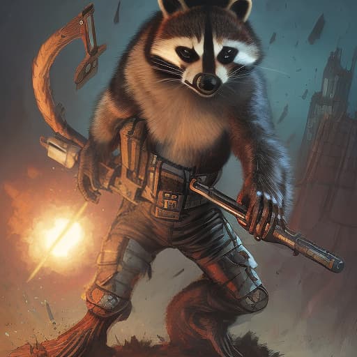 dvarchmodern fighting beast raccoon dressed in military uniform and weapons in his paws, in battle with alien invaders, dark , creepy , blood , monsters , by jason engle , carlos huante , charlie bowater , simon lee , brom