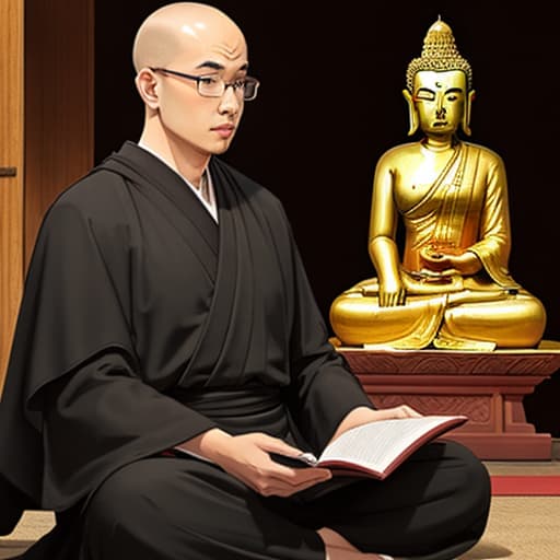  Buddhist slippery bald-headed monk with thick eyebrows wearing black robes and glasses sitting in front of a Buddha statue chanting sutras Retro