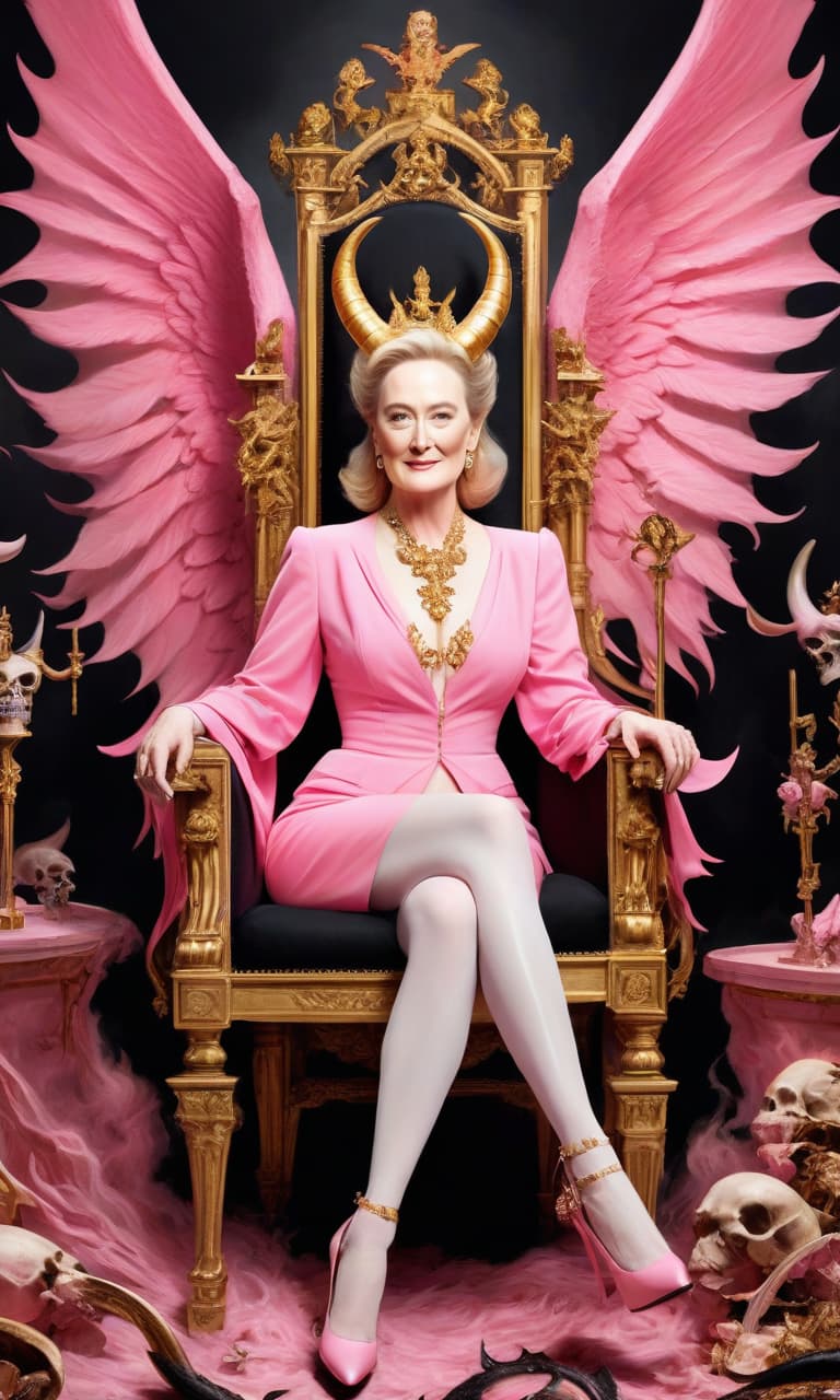  concept art pink, gold, black, white hell, near skeletons and demons meryl streep with demon horns on satan's throne chic prada shoes hell, near skeletons and demons . digital artwork, illustrative, painterly, matte painting, highly detailed, perfect hands